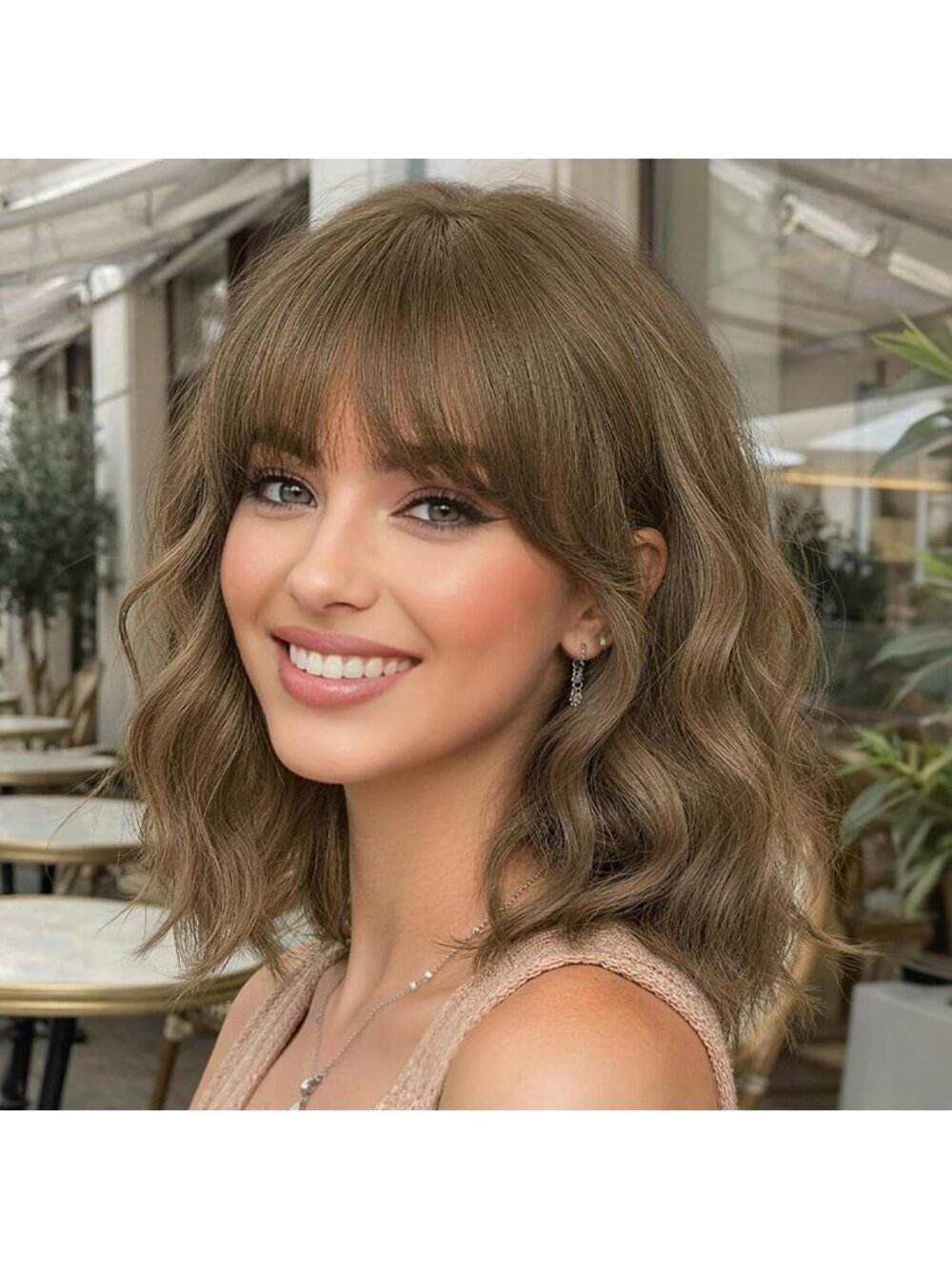 Women's Wine red and Black Shoulder Curly with Bangs 16 Inch Synthetic Wig